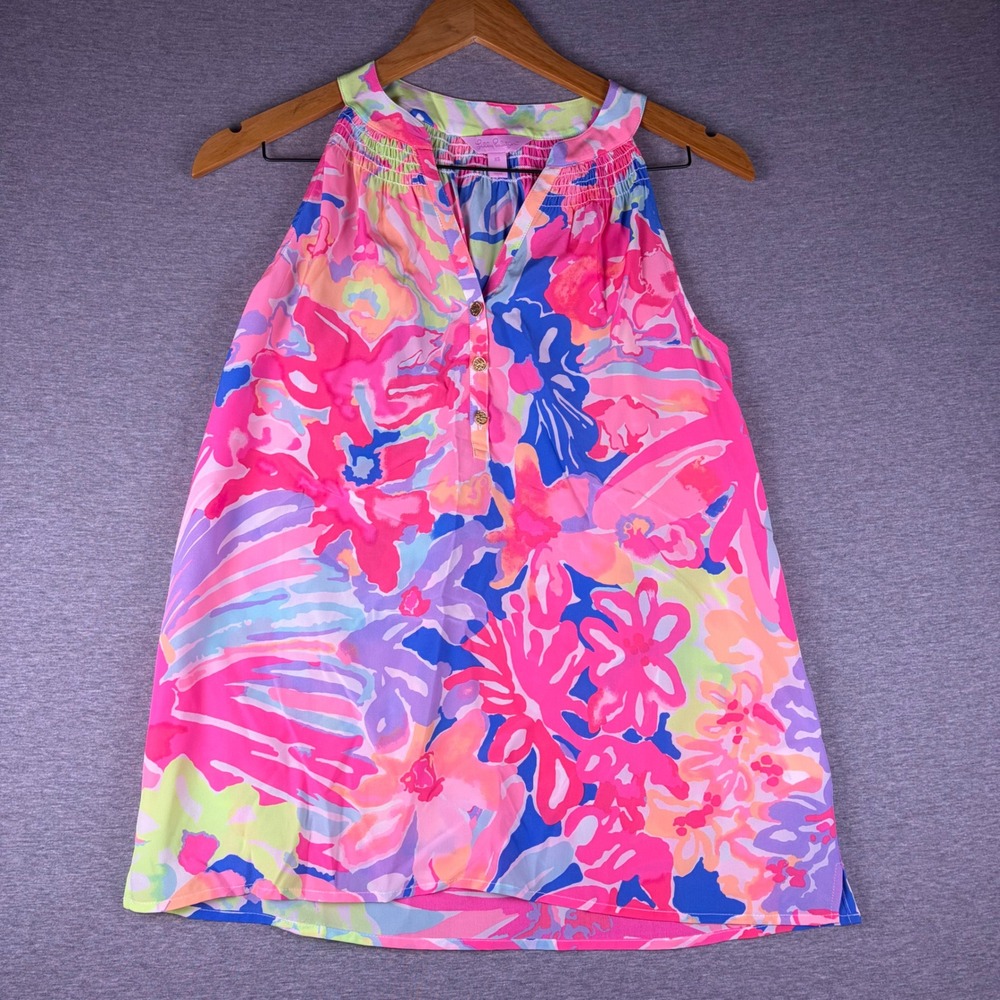 Lilly Pulitzer Bailey Silk Top Women XS Pink Floral Sleeveless Smocked Blouse